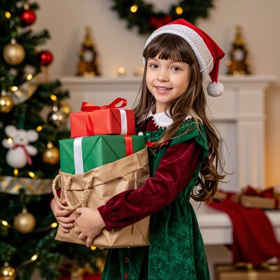 Girl in Santa hat with Christmas gifts