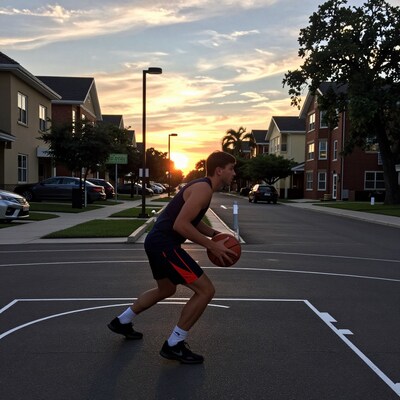 Man playing basketball at sunset