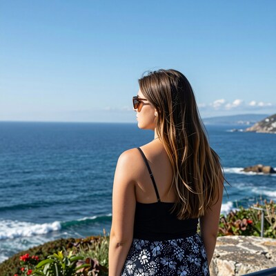 Woman overlooking ocean cliff