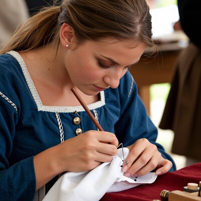 Woman sewing historical costume