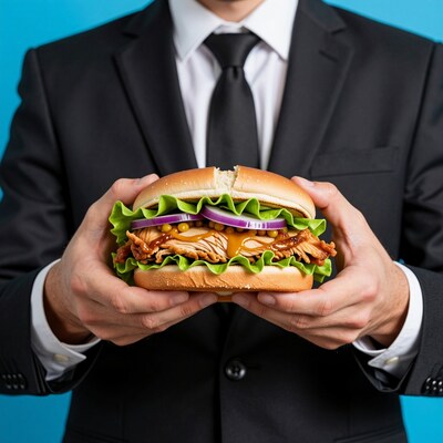 Man in suit holding chicken sandwich
