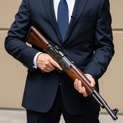 Man in Suit Holding Rifle