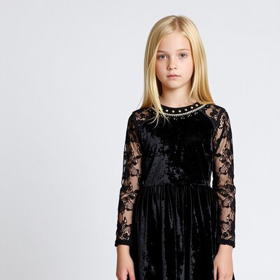 Blonde Girl in Black Velvet Dress