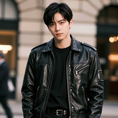 Young Asian man in black leather jacket
