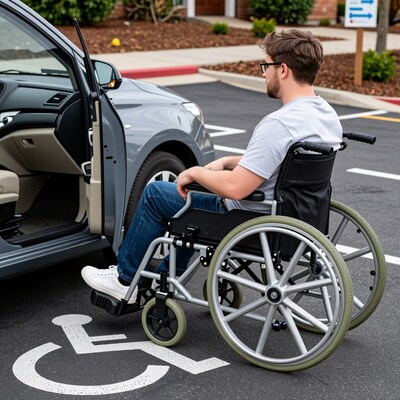 Man in wheelchair by accessible car