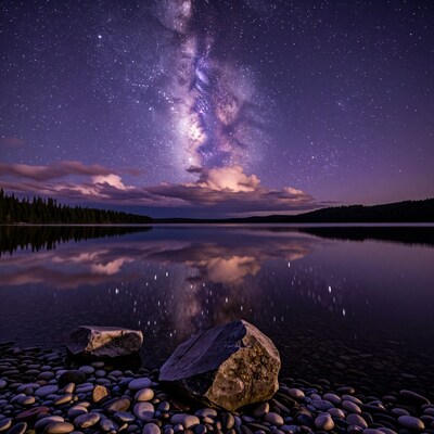 Milky Way over starry lake