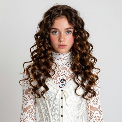 Young woman with long curly brown hair