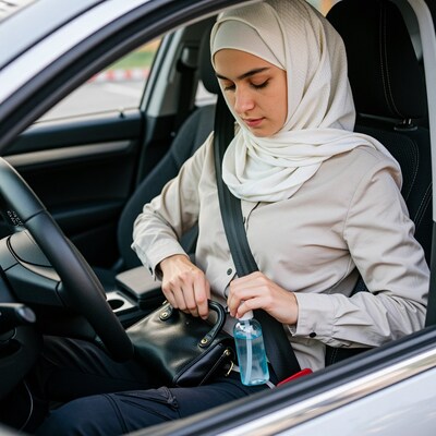 Woman in hijab using hand sanitizer in car