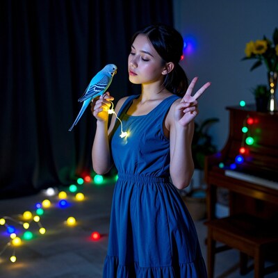 Woman with blue parakeet and fairy lights