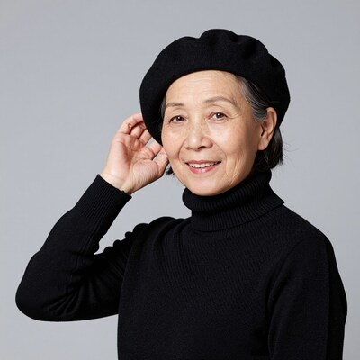 Elderly Asian woman smiling in black beret