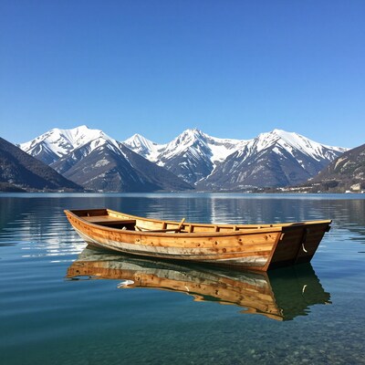 Wooden boat on mountain lake