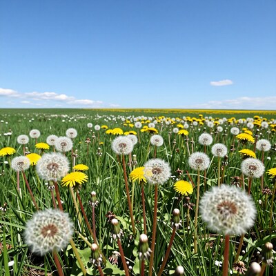 Dandelion Field Under Blue Sky