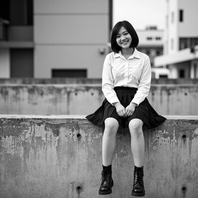 Smiling Asian schoolgirl sitting