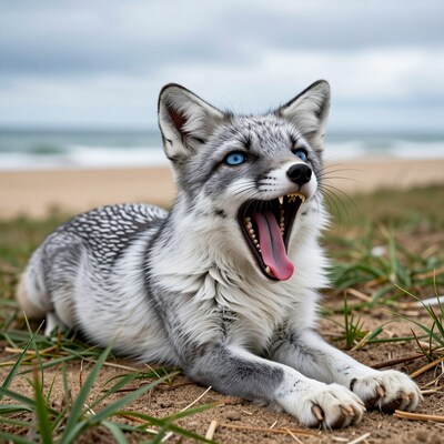 Yawning Arctic Fox on Beach