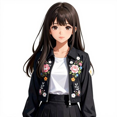 Anime girl in floral bomber jacket