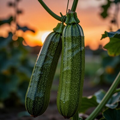 Fresh Zucchini on Vine at Sunset