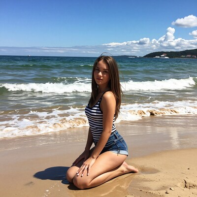 Young woman kneeling on beach