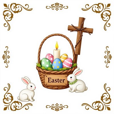 Easter Basket with Bunnies and Cross