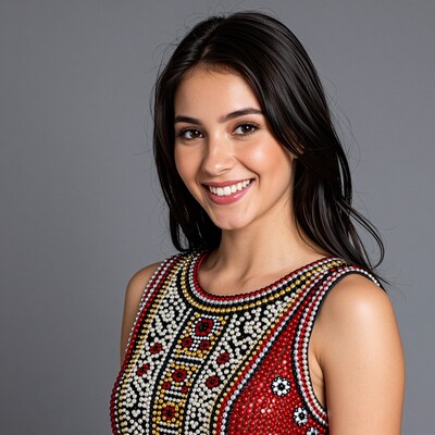 Smiling Woman in Beaded Top