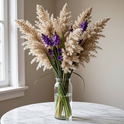 Pampas Grass Purple Flowers Vase