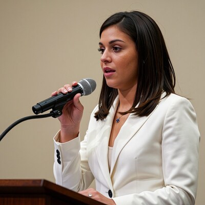 Woman speaking at podium microphone
