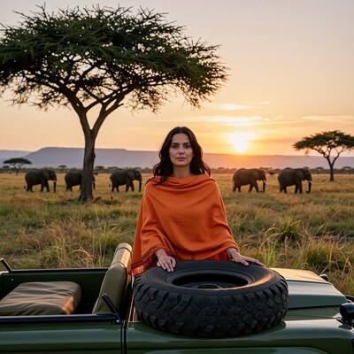 Woman in orange shawl on safari jeep at sunset