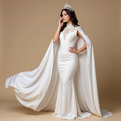 Woman in white queen gown with crown