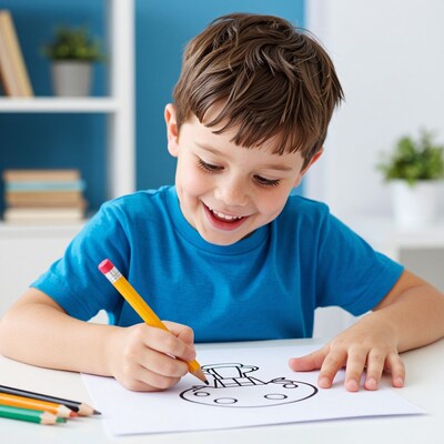 Boy drawing spaceship coloring page