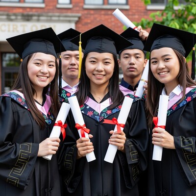 Asian graduates in caps and gowns