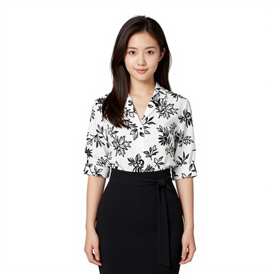 Asian woman in floral blouse