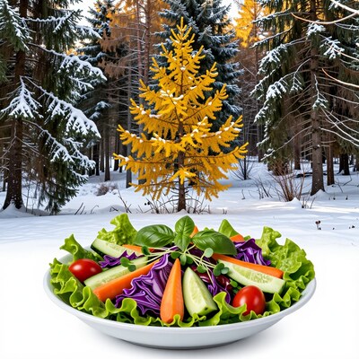 Winter salad with yellow tree