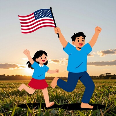 Kids waving American flag