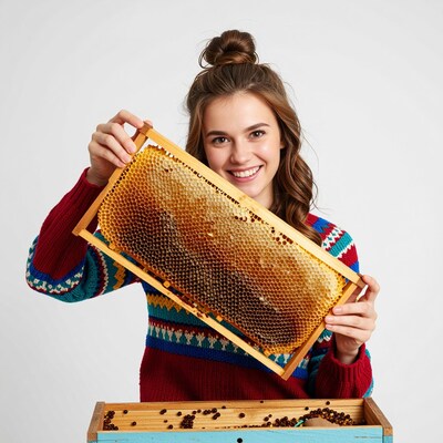 Woman holding beehive frame