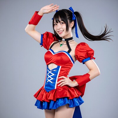 Japanese woman in red blue anime cosplay