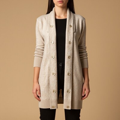 Woman in Beige Knit Cardigan