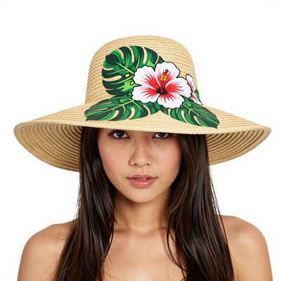 Asian woman in tropical straw hat