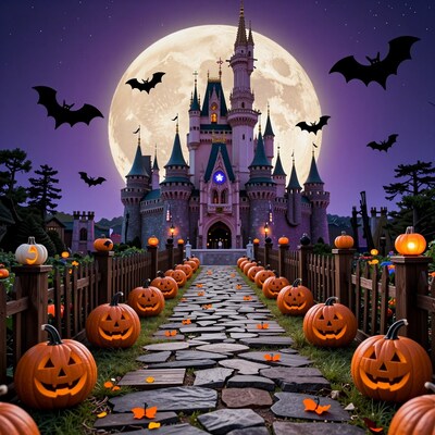 Halloween Castle with Bats and Pumpkins
