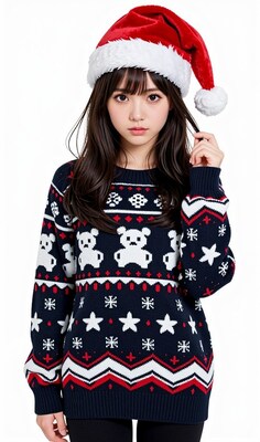 Asian woman in Christmas sweater and Santa hat