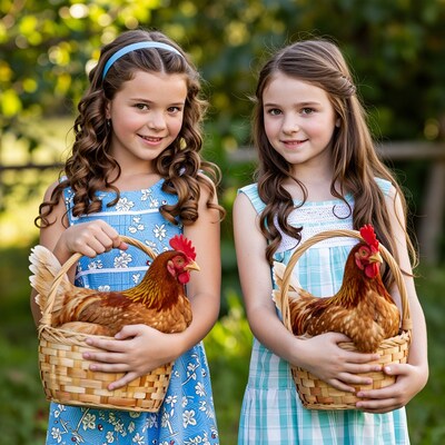 Two girls holding chickens in baskets