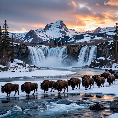 Bison herd at snowy waterfall