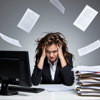 Stressed businesswoman overwhelmed by paperwork