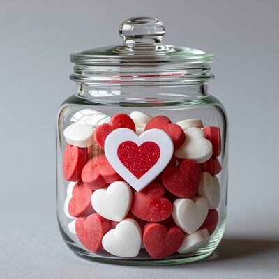 Heart-shaped candies in glass jar