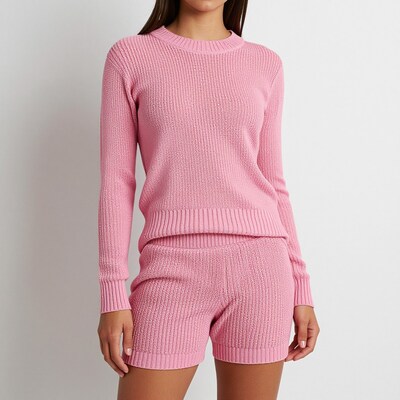 Woman in Pink Knit Sweater and Shorts