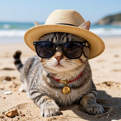 Cat in hat and sunglasses on beach