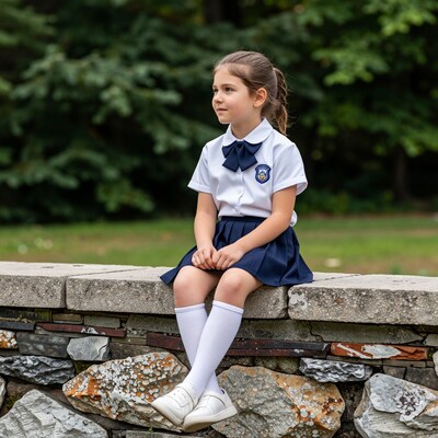 Schoolgirl sitting on stone wall