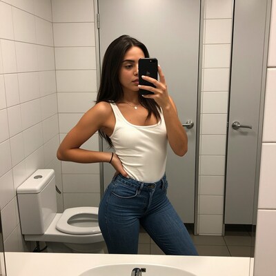 Woman taking mirror selfie in bathroom