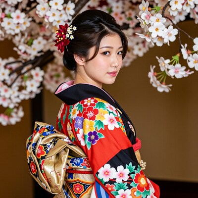 Japanese Woman in Kimono Under Cherry Blossoms