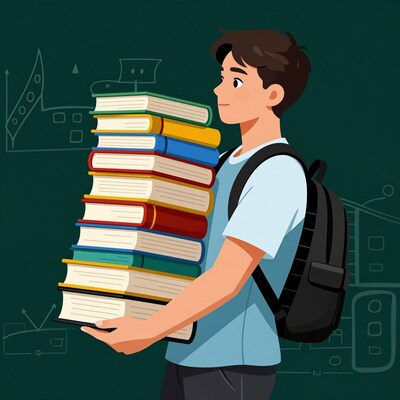 Boy carrying stack of books