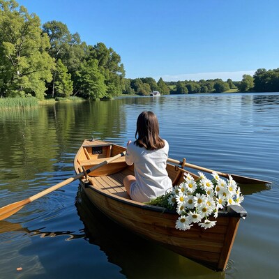 Woman in Rowboat on Lake