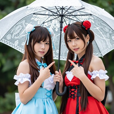 Two Japanese women in blue and red cosplay dresses under umbrella